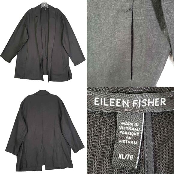 Eileen Fisher Jacket Blazer Open Front Black Linen Blend Relaxed Size XL Pockets - Picture 1 of 7